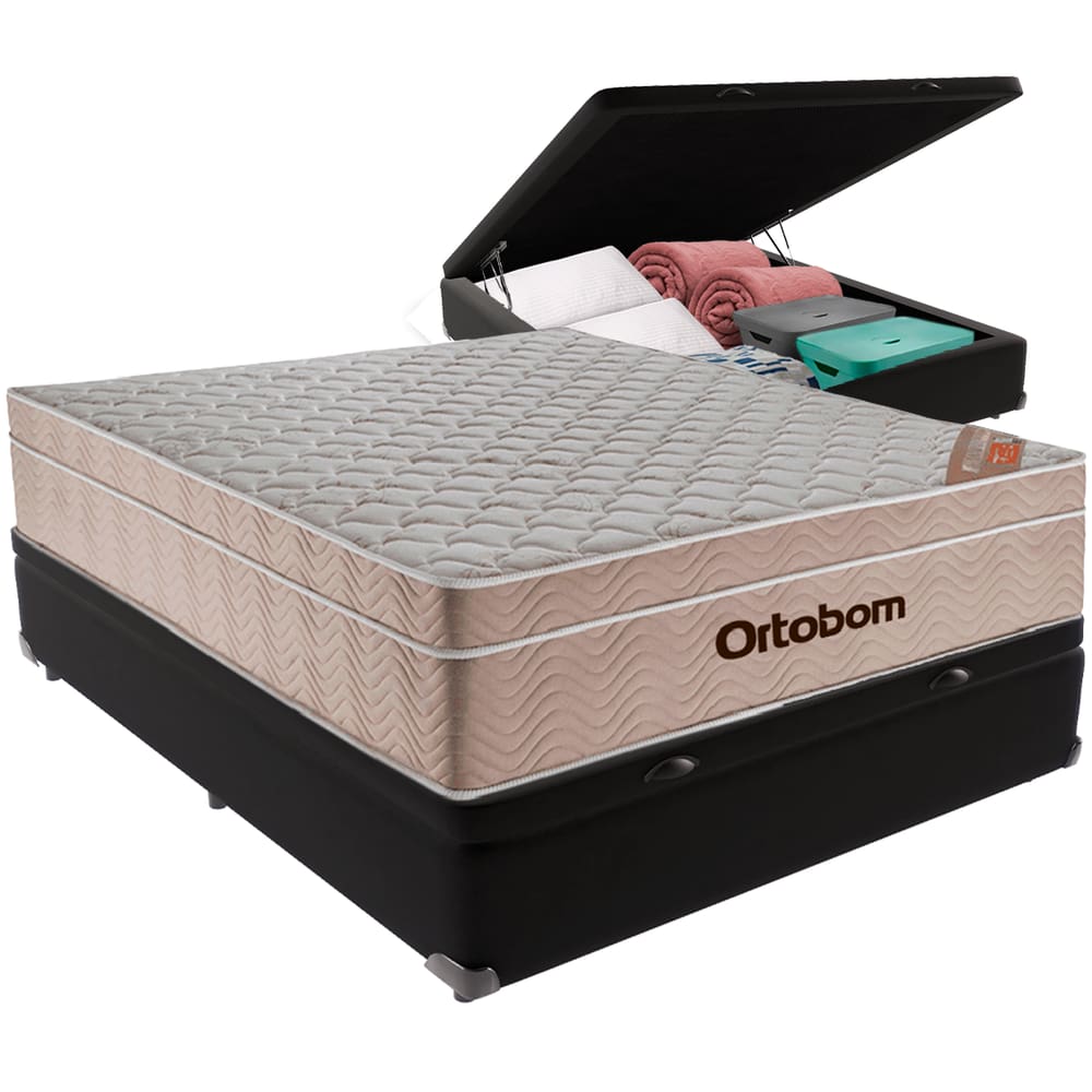 Cama Box Baú Preto e Colchão Airtech Molas Ensacadas Viúvo Ortobom