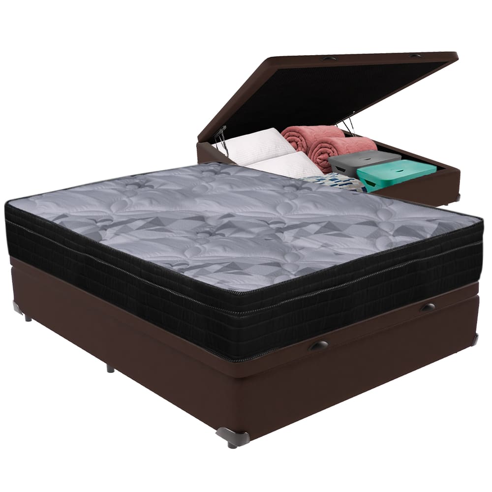Cama Box Baú Marrom e Colchão Airtech Pampa Molas ensacadas Casal Ortobom