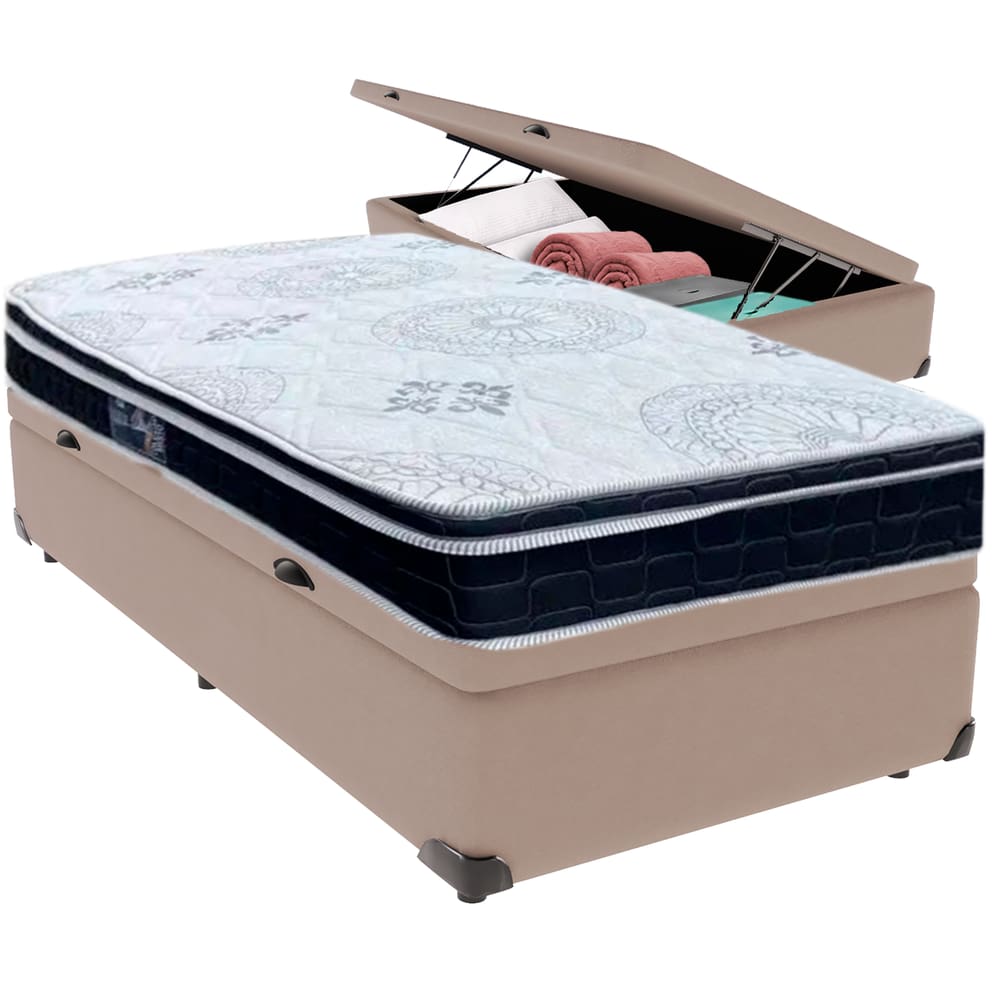 Cama Box Baú Bege e Colchão Orthosono D33 Com Euro Pillow Solteiro Anjos