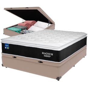 Cama Box Baú Bege e Colchão Magnum Molas Ensacadas Casal Plumatex