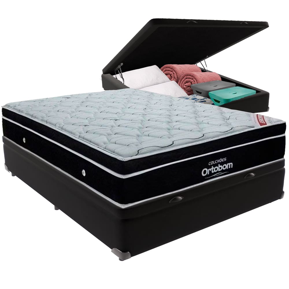Cama Box Baú Preto e Colchão Elegant Molas Ensacadas Casal Ortobom