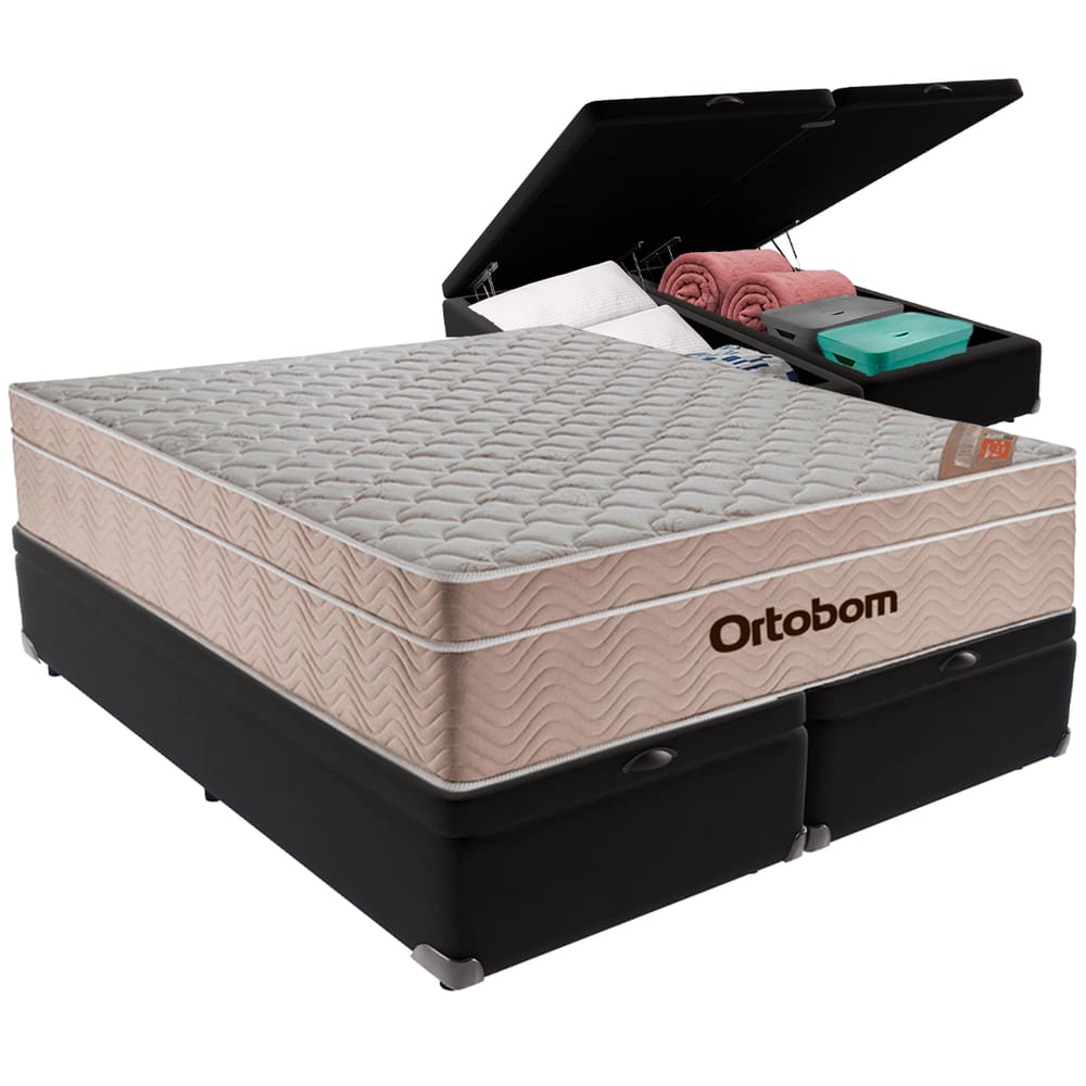 Cama Box Baú e Colchão Airtech  Molas Ensacadas Queen Ortobom