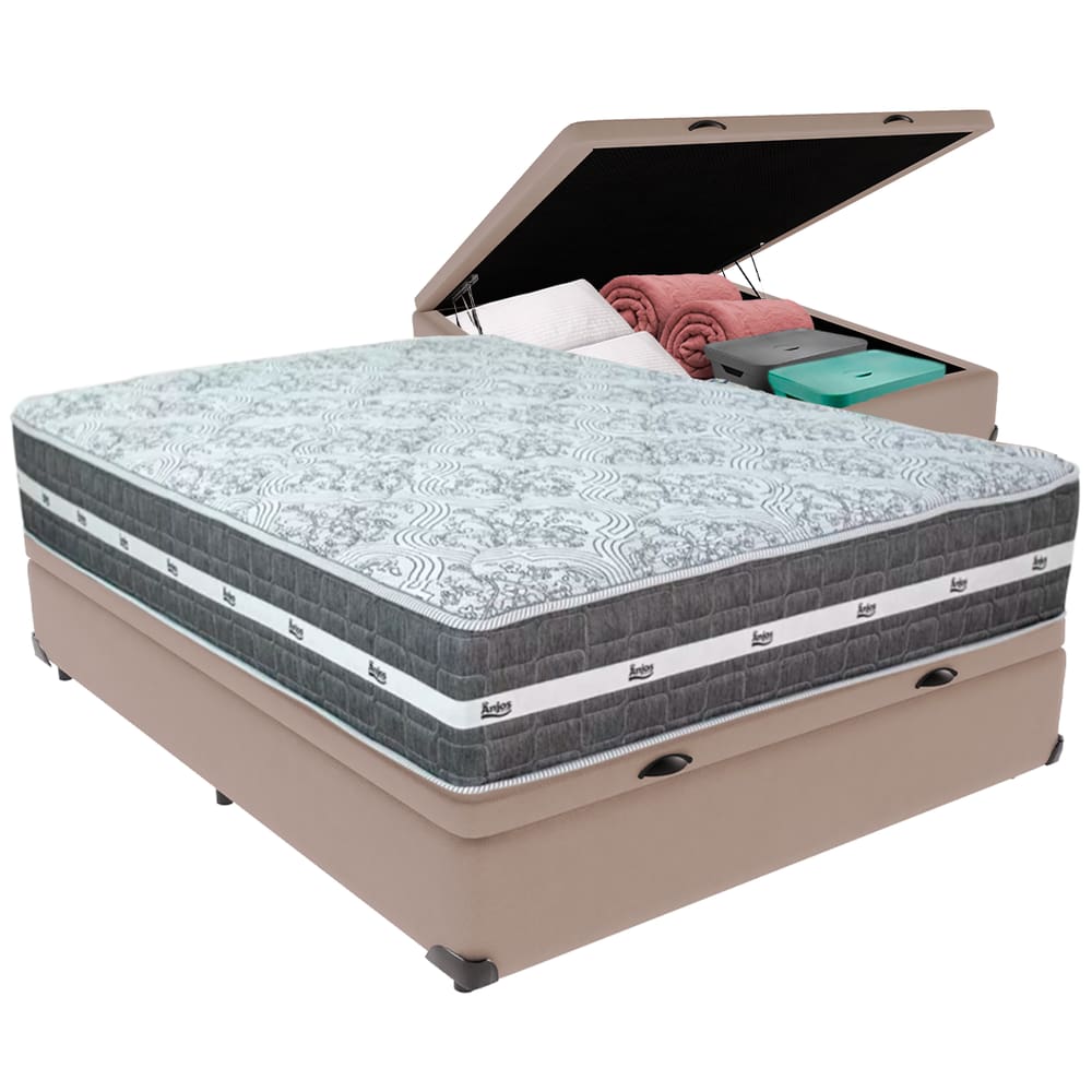 Cama Box Baú Bege e Colchão Black Graphite Molas Ensacadas Casal Anjos