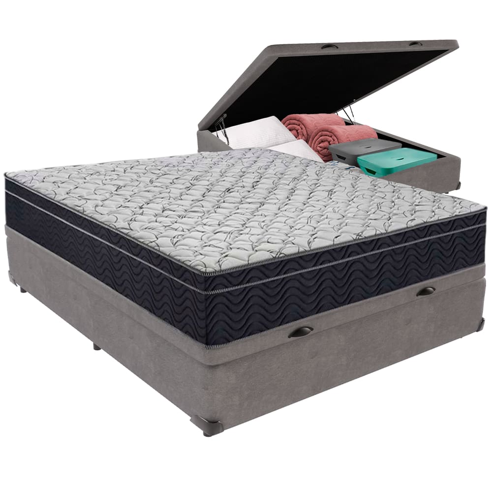 Cama Box Baú Cinza e Colchão Airtech 150 Espuma D45 Casal Ortobom