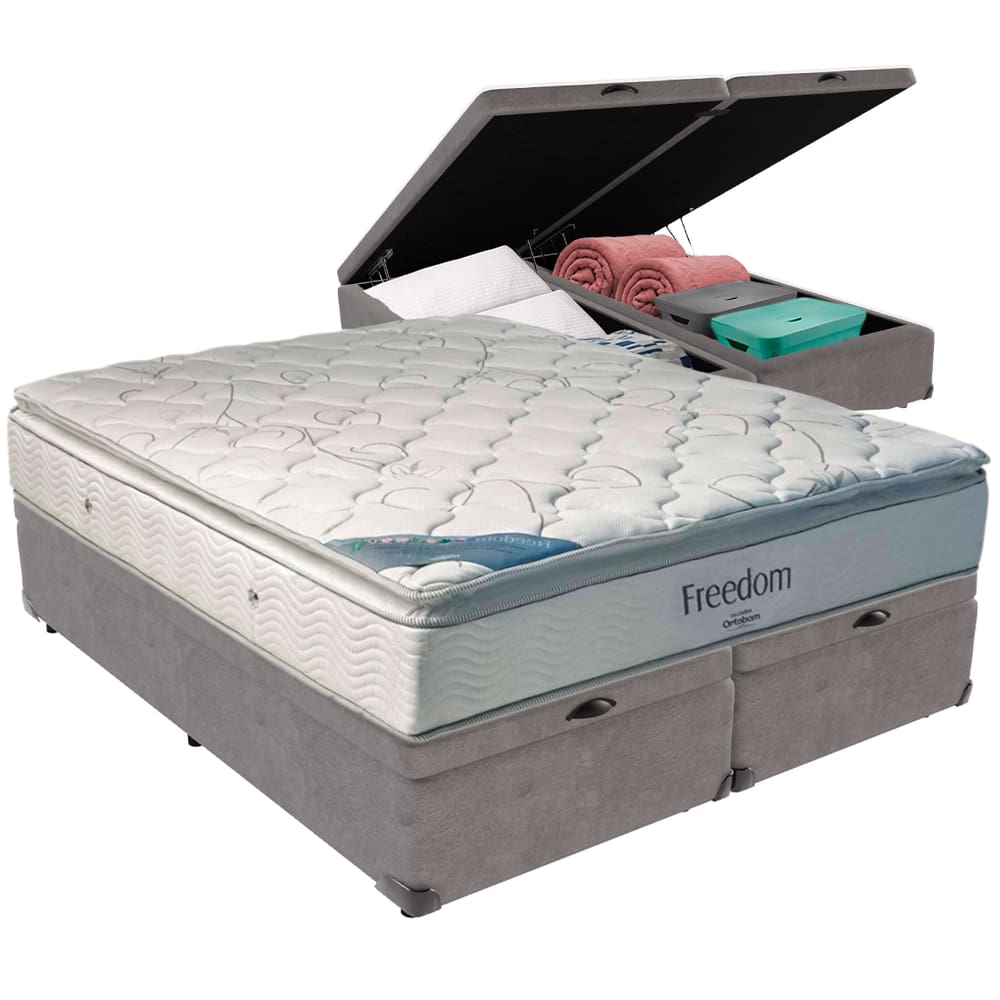 Cama Box Baú Cinza e Colchão Freedom Molas Ensacadas Queen Ortobom