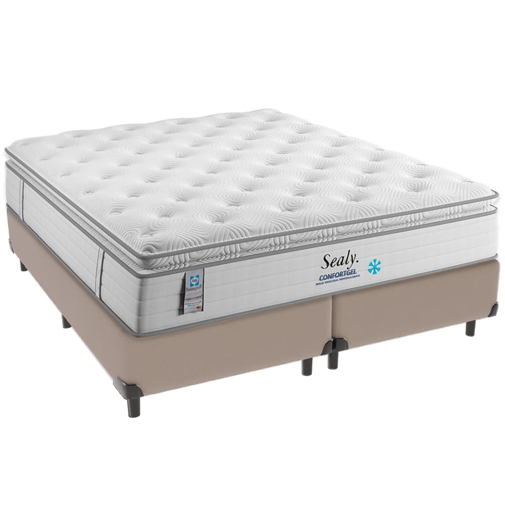 Cama Box Bege e Colchão Confort Gel Molas Ensacadas com Pillow Top Queen Sealy