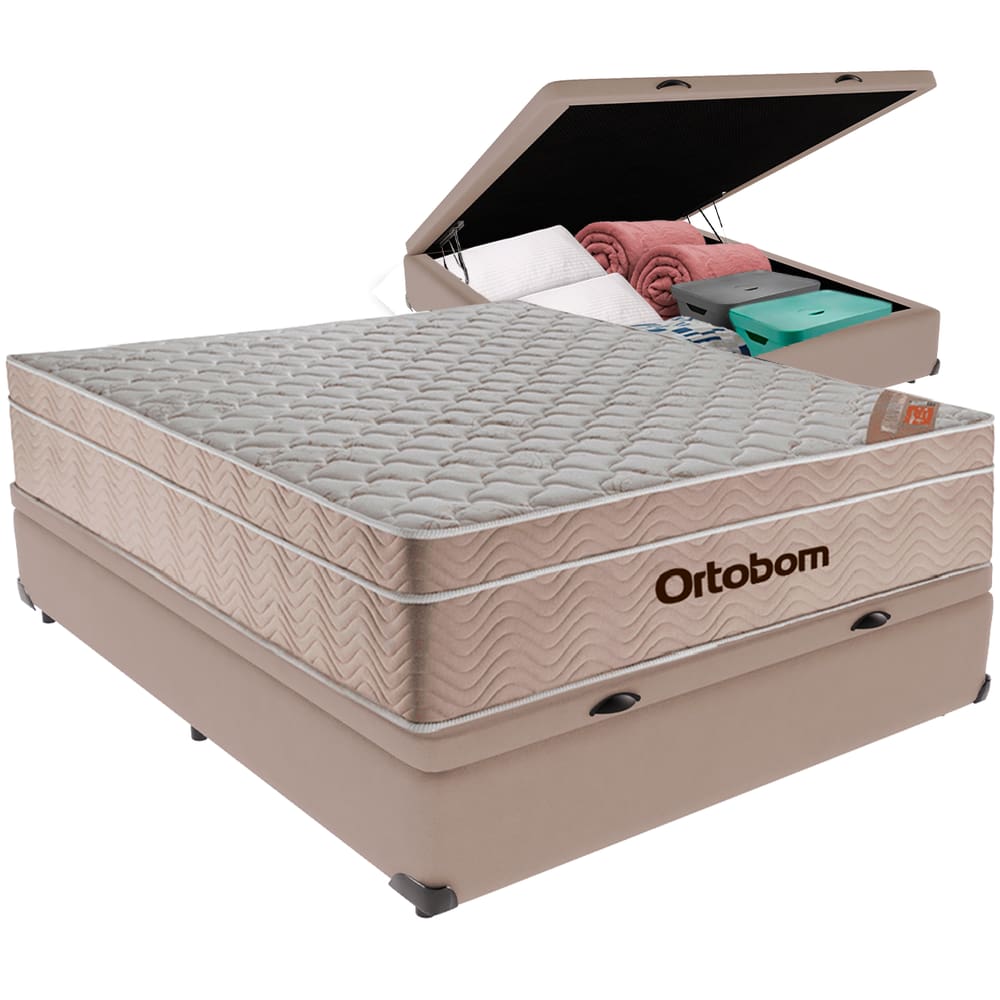 Cama Box Baú Bege e Colchão Airtech  Molas Ensacadas Viúvo Ortobom