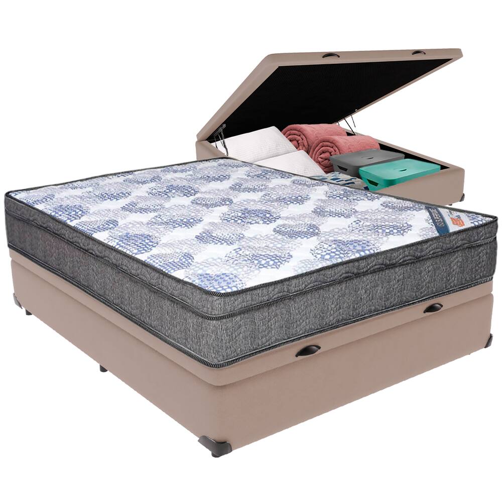 Cama Box Baú Bege e Colchão ISO Molas Ensacadas Casal Ortobom