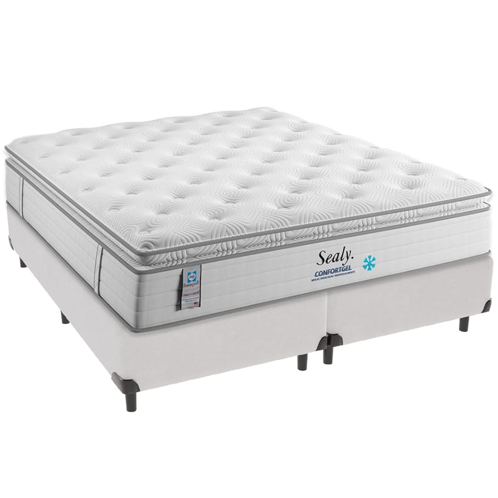 Cama Box Branco e Colchão Confort Gel Molas Ensacadas com Pillow Top Queen Sealy