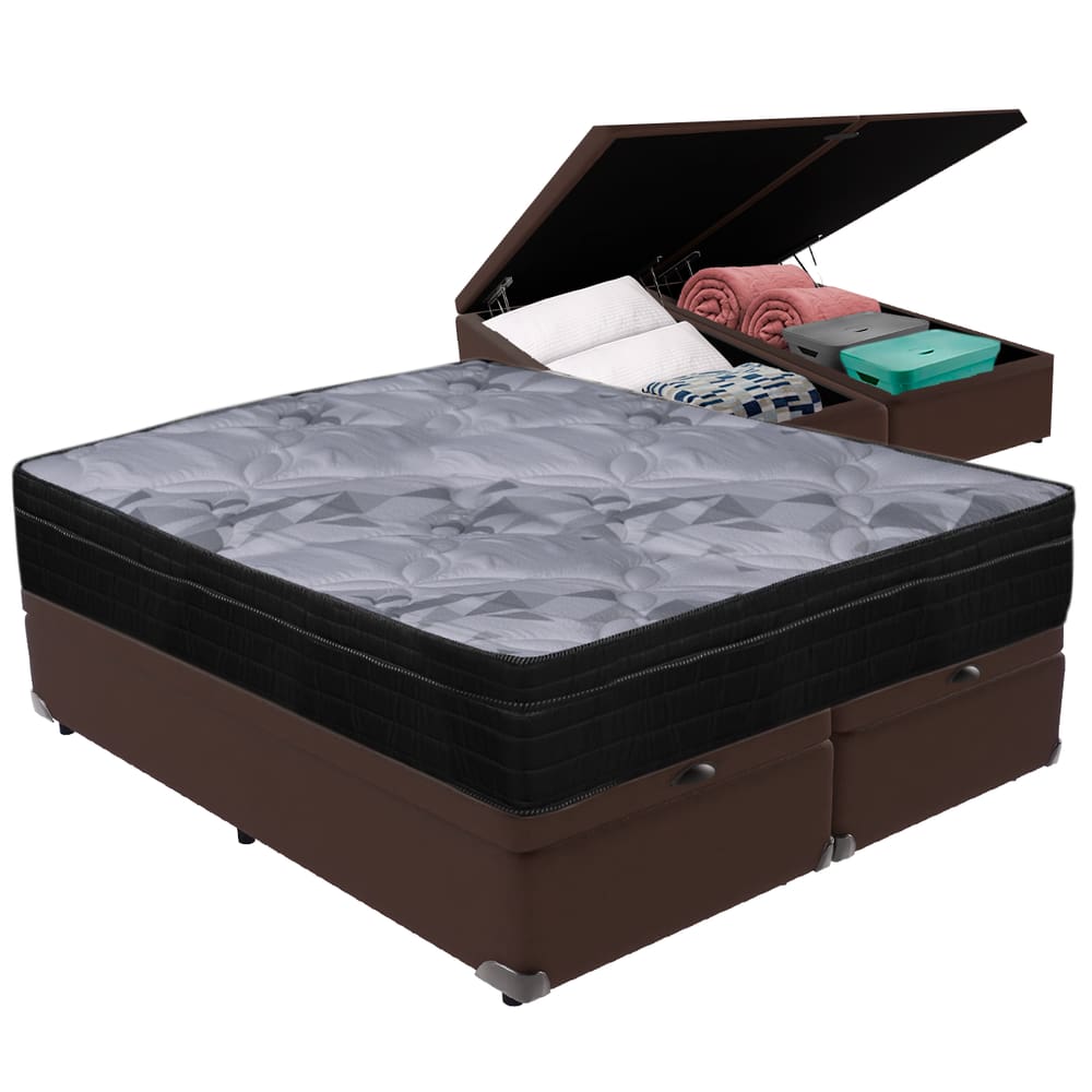 Cama Box Baú Marrom e Colchão Airtech Pampa Molas ensacadas Queen Ortobom