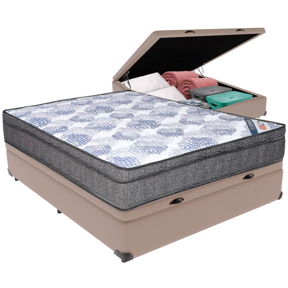 Cama Box Baú Bege e Colchão ISO  Molas Ensacadas Viúvo Ortobom
