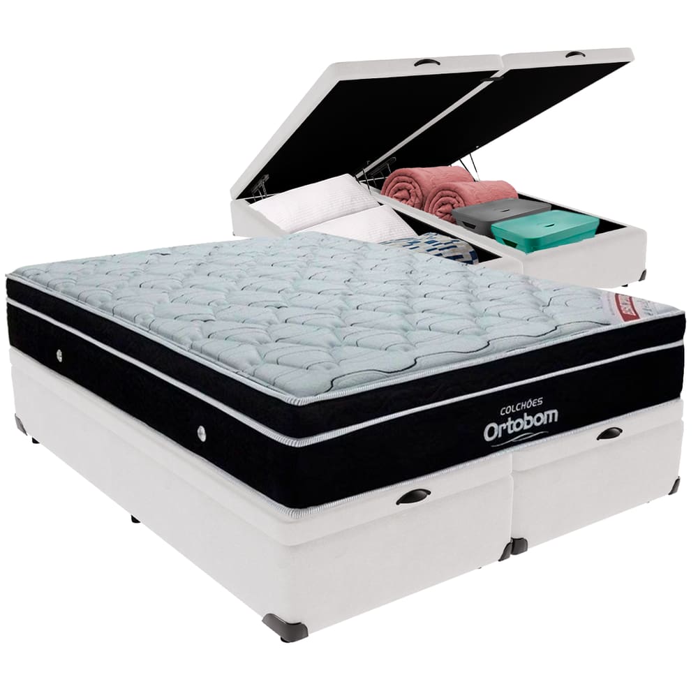 Elegant Ortobom Base Baú Branco Queen Colchão Mola Ensacada