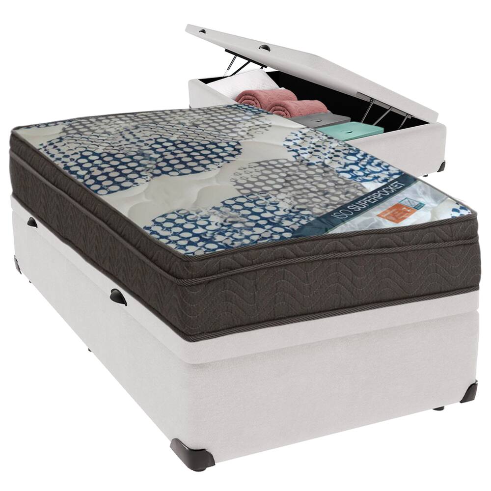 Cama Box Baú Branco e Colchão ISO Molas Ensacadas Solteiro Ortobom