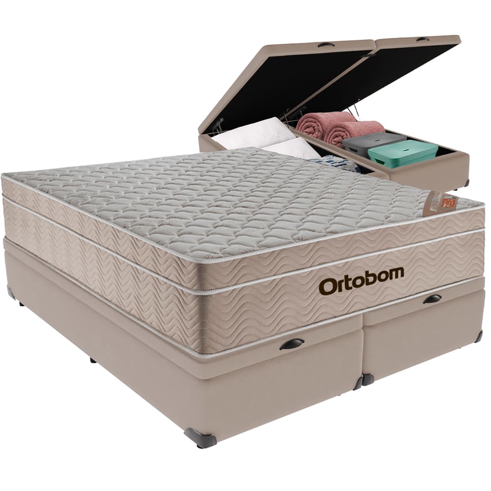 Cama Box Baú Bege e Colchão Airtech Molas Ensacadas Queen Ortobom