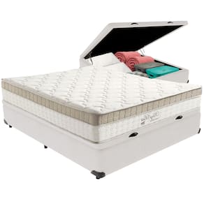 Cama Box Baú Branco e Colchão King Best Bege Molas Ensacadas Casal Anjos