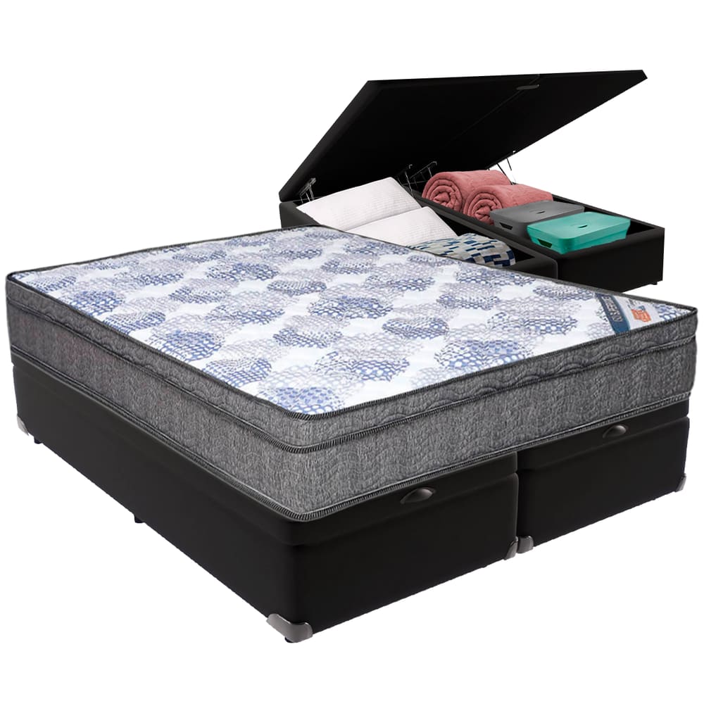 Cama Box Baú Preto e Colchão ISO  Molas Ensacadas Queen Ortobom