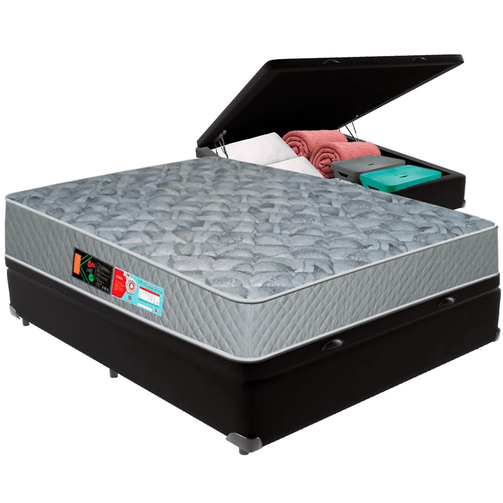 Cama Box Baú Preto e Colchão Sleep Max D33 Casal Castor