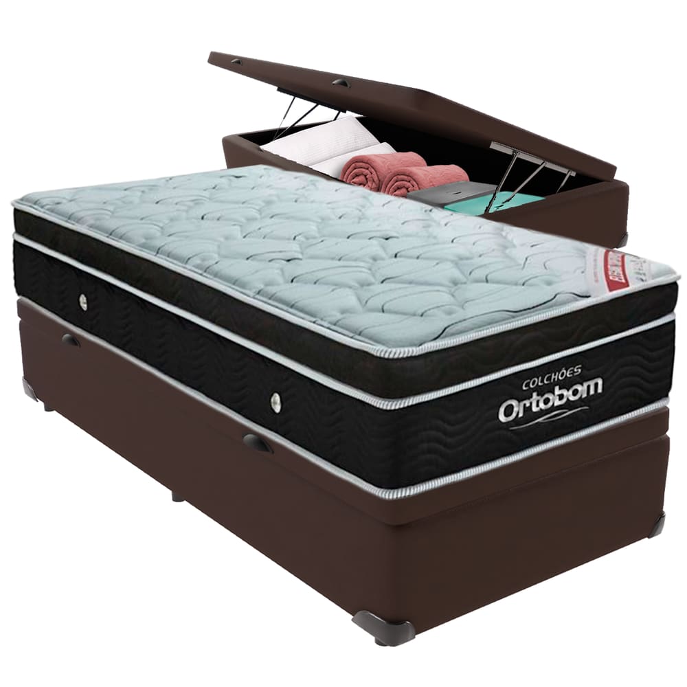 Cama Box Baú Marrom e Colchão Elegant Molas Ensacadas Solteiro Ortobom