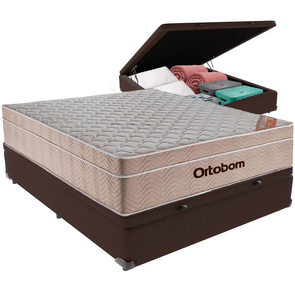 Cama Box Baú Marrom e Colchão Airtech Molas Ensacadas Viúvo Ortobom