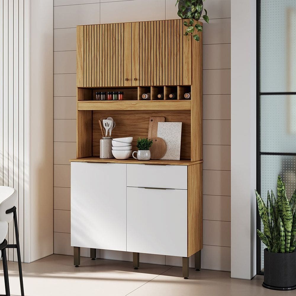 Cozinha Compacta 101,60 Cm com 4 Portas 1 Gaveta e Mini Adega 100% Mdf Croácia Espresso Móveis Amêndoa/Branco