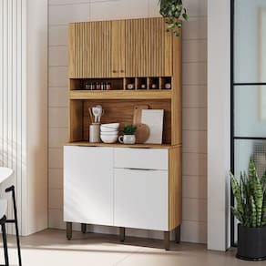 Cozinha Compacta 101,60 Cm com 4 Portas 1 Gaveta e Mini Adega 100% Mdf Croácia Espresso Móveis Amêndoa/Branco
