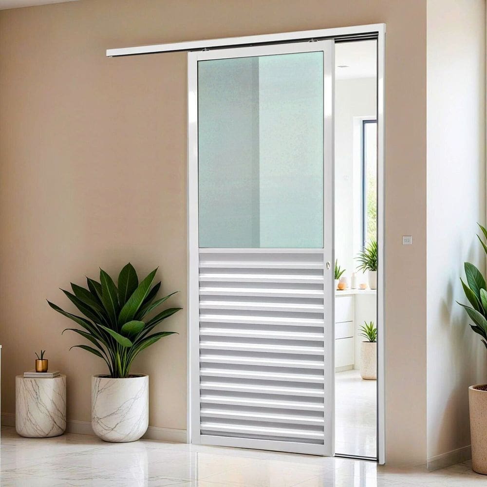Porta de Correr Suspensa 210cm X 90cm Meia Veneziana Meia Vidro Dir L.25 Branco