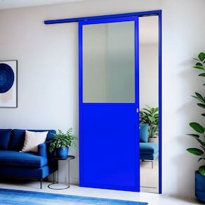 Porta de Correr Suspensa 210x80cm Meia Lambril Meia Vidro Esq L.25 Azul