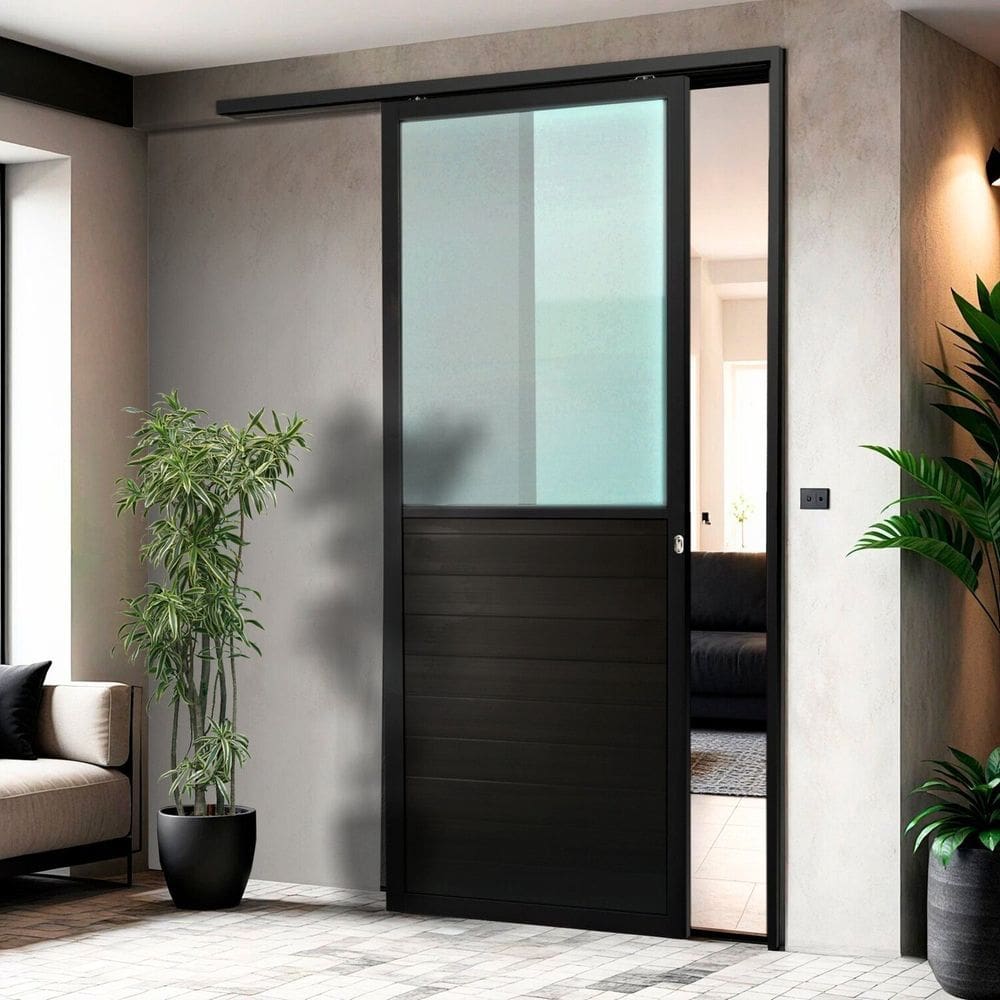 Porta de Correr Suspensa 210cm X 80cm Meia Lambril Meia Vidro Esq L.25 Brimak Preto