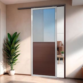 Porta de Correr Suspensa 210x80cm Meia Lambril Meia Vidro Dir L.25 Mix Corten