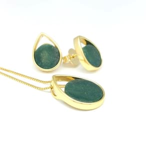 Conjunto Gota Quartzo Verde Dourado Semijoia Lizzy Fatin