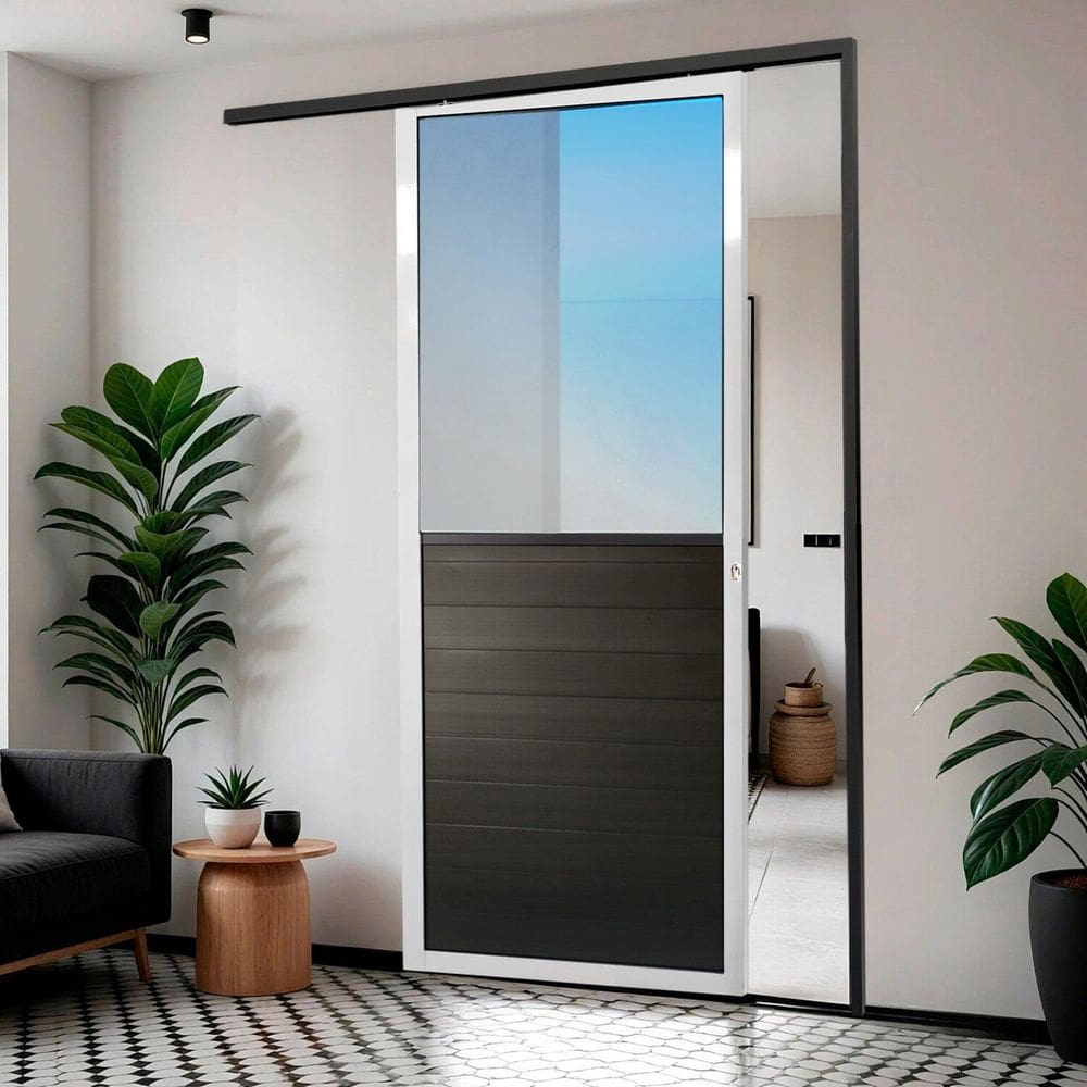 Porta de Correr Suspensa 210cm X 70cm Meia Lambril Meia Vidro Esq L.25 Brimak Mix Preto