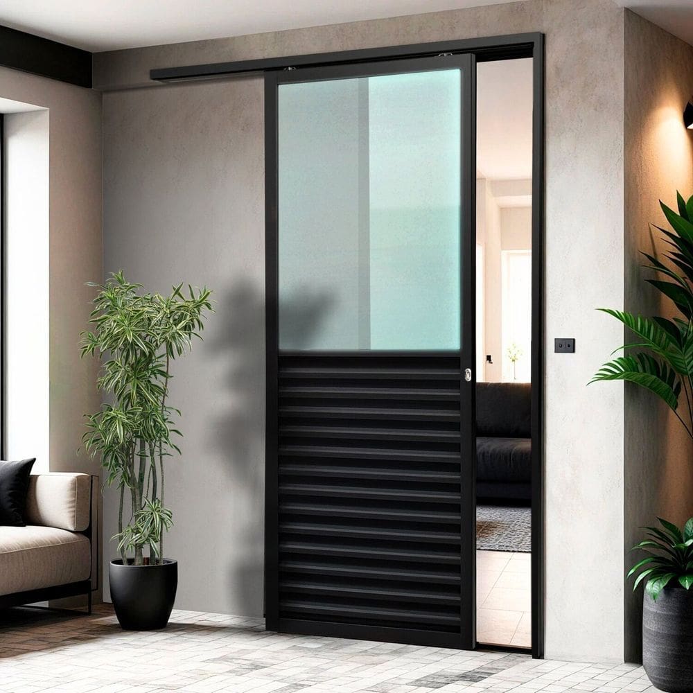 Porta de Correr Suspensa 210cm X 80cm Meia Veneziana Meia Vidro Esq L.25 Brimak Preto