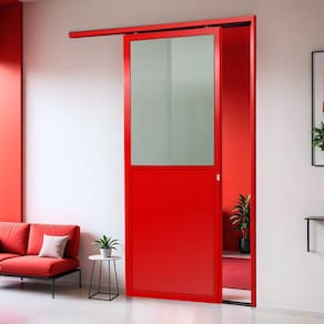 Porta de Correr Suspensa 210x100cm Meia Lambril Meia Vidro Dir L.25 Vermelho