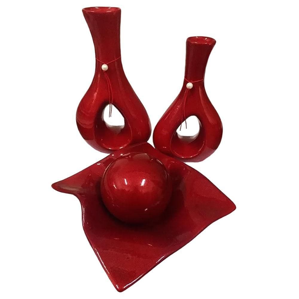 Jogo De Vasos Par Furados E Centro De Mesa De Sala Vermelho