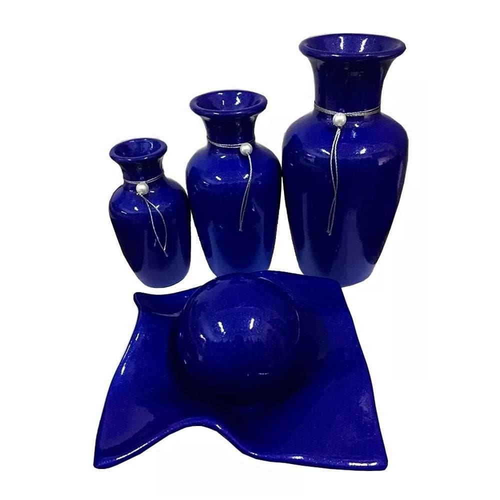 Jogo De Vasos Trio Jad Centro De Mesa Em Cerâmica Azul Royal