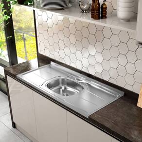 Pia de Cozinha em Aço Inox de 120cmx53cm Concretada com Válvula Inox 3.1/2 Pino Plus 30 Inox