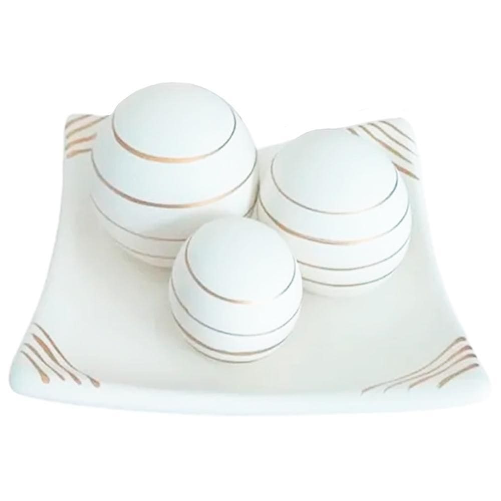 Centro De Mesa Prato 3Esferas Em Cerâmica Fosca White Gold