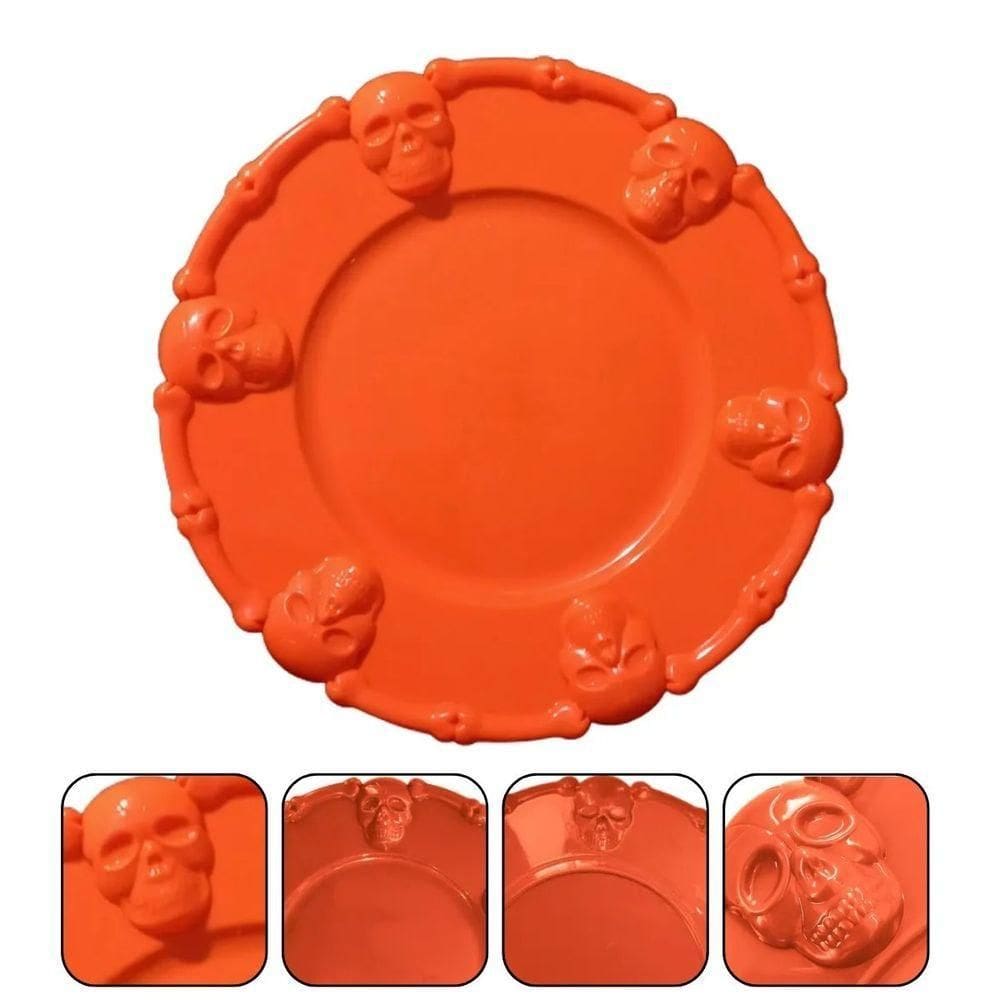 Bandeja De Halloween Com Caveiras Laranja - 36cm