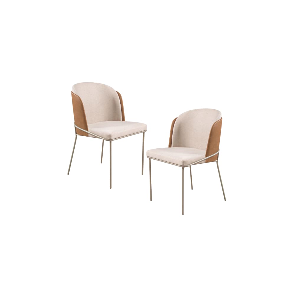 Kit 02 Cadeira Decorativa Sala Jantar Aurora Base Champanhe Linho Bege /Courino Caramelo - Montanaris Decor