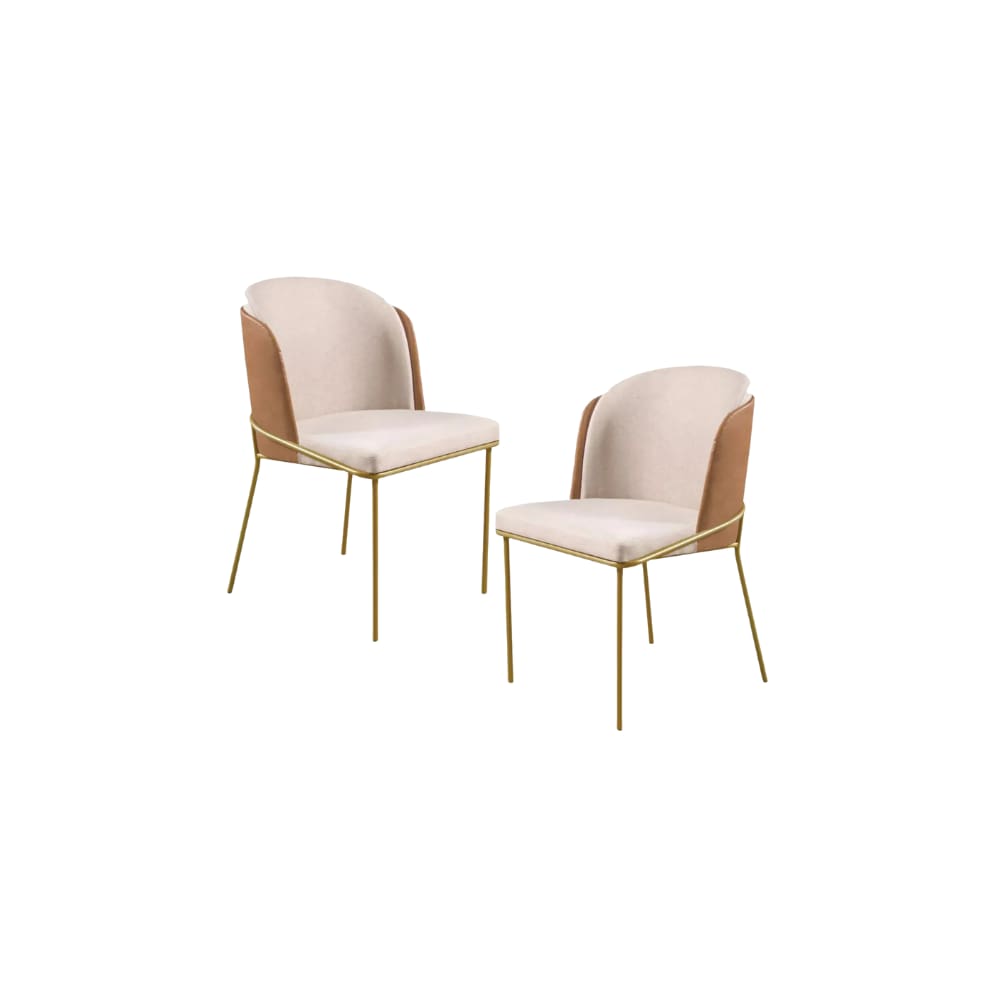 Kit 02 Cadeira Decorativa Sala Jantar Aurora Base Gold Linho Bege /Courino Caramelo - Montanaris Decor