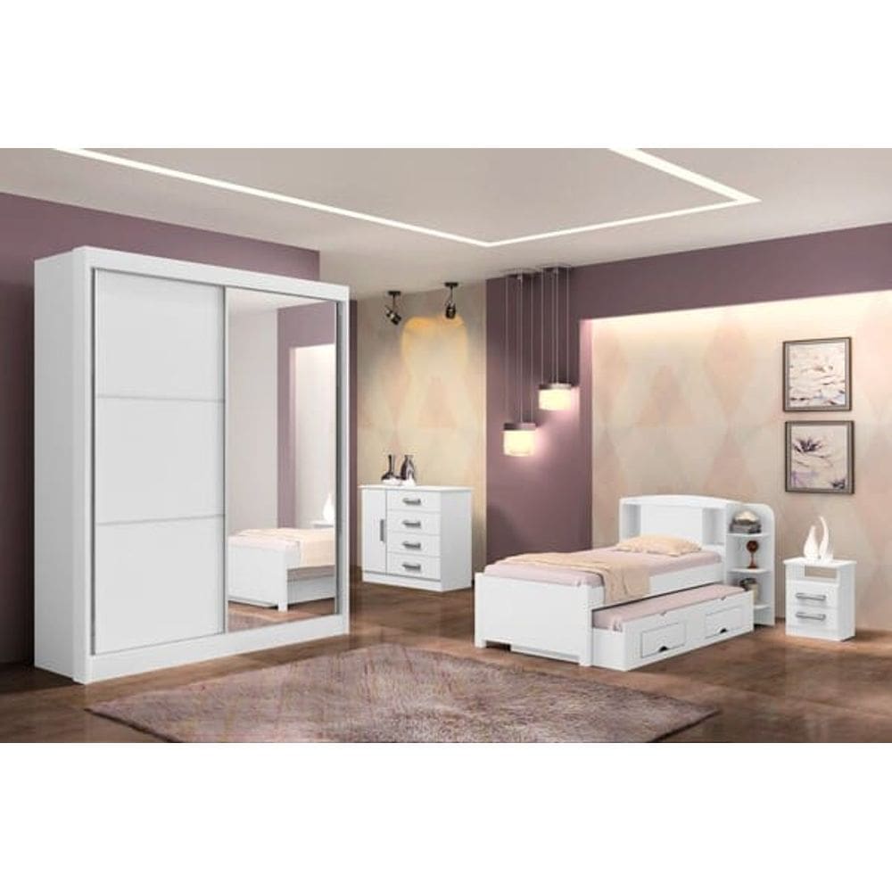 Guarda Roupa Solteiro com Espelho 2 Portas 3 Gavetas - Athenas -Branco - Móveis D`Doro