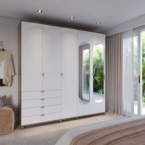 Guarda-roupa Casal com Espelho 5 Portas 4 Gavetas 100% Mdf Look 226,7 Cm Feijó/Branco Fosco