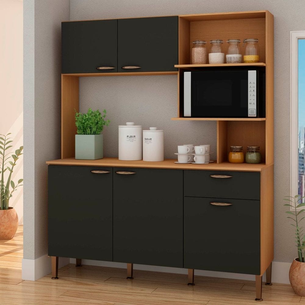 Cozinha Compacta 155 Cm com Tampo 1 Gaveta 5 Portas Freijo/Grafite Belga
