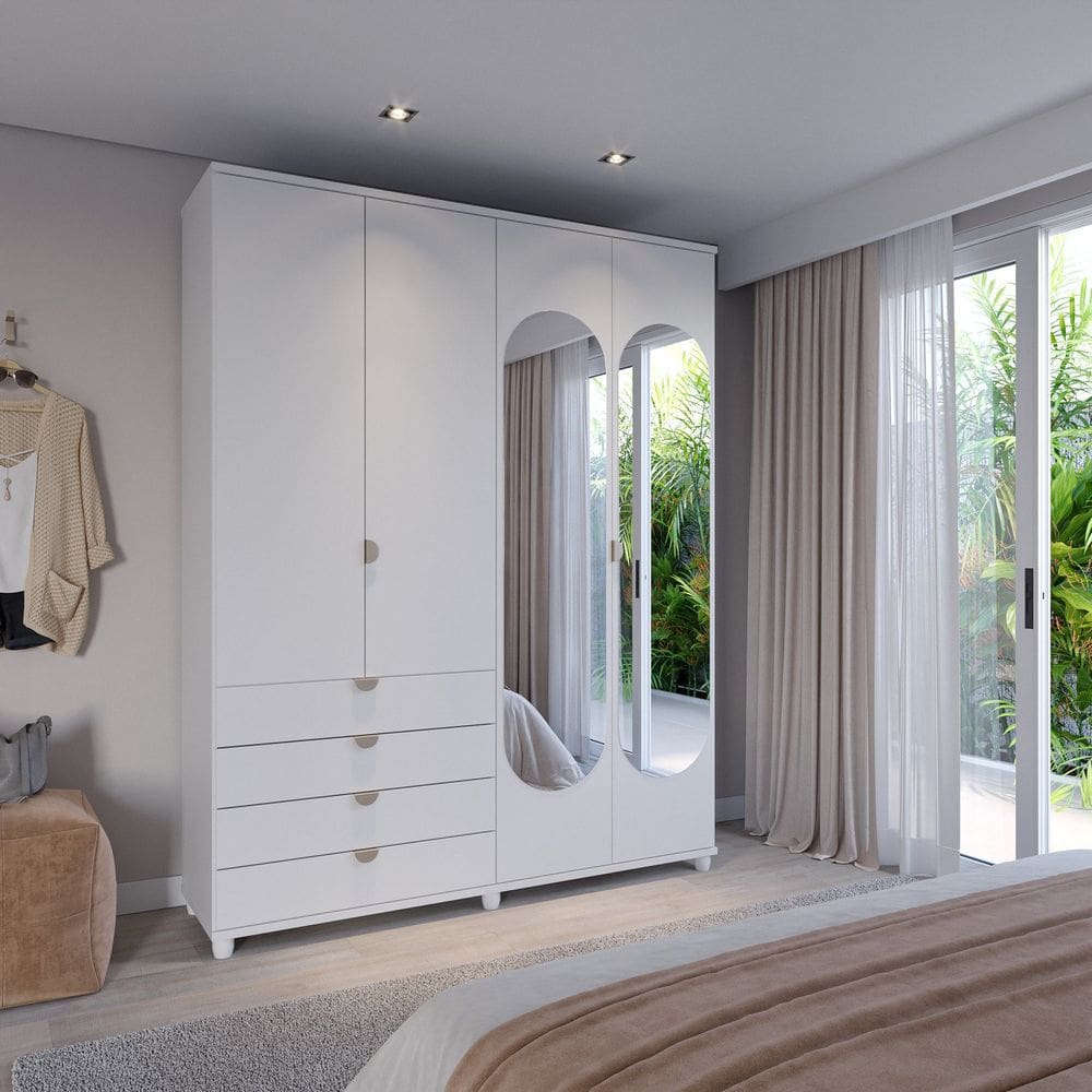 Guarda-roupa Casal com Espelho 4 Portas 4 Gavetas 100% Mdf Look 181,7 Cm Branco Fosco