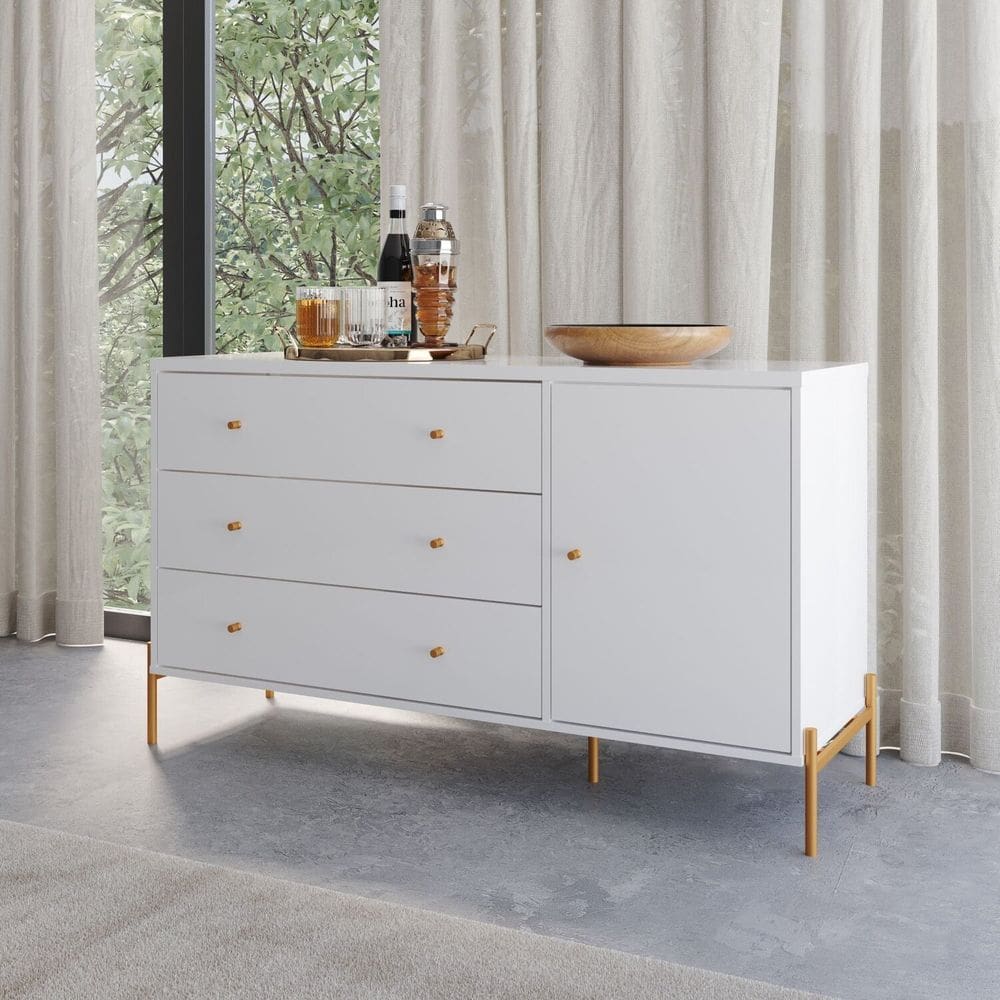 Cômoda 3 Gavetas 1 Porta Jasper 138 Cm Branco/Dourado