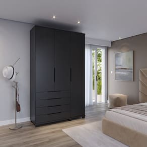 Guarda-roupa Solteiro 3 Portas 4 Gavetas 100% Mdf Allen 136,9 Cm Preto Fosco