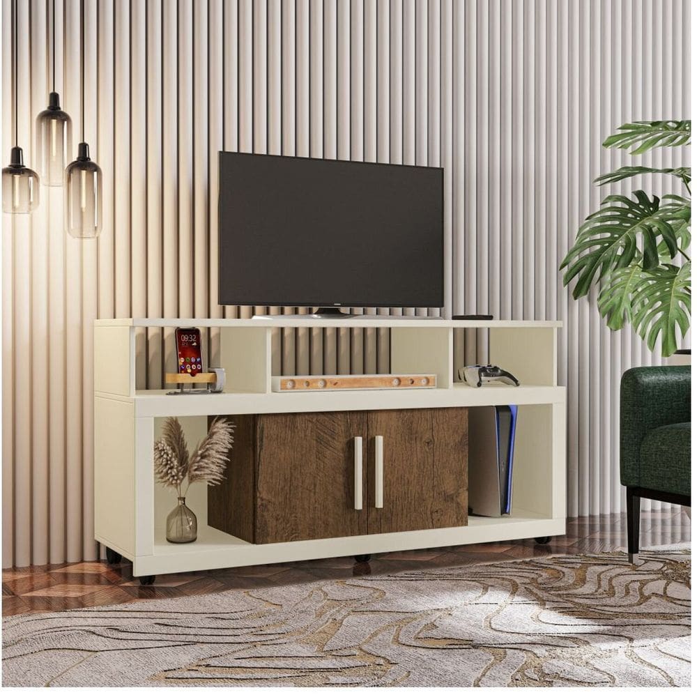 Rack Bancada Sala com Pés de Rodinha e 2 Portas Star 135x70cm Off White /Canela