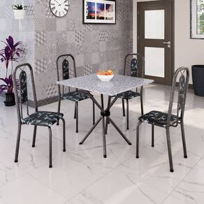 Conjunto de Mesa Tubular 70cm X 70cm Tampo Granito Ocre com 4 Cadeiras Lívia Preto / Prata