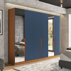 Guarda Roupa 6 Portas 4 Gavetas com Espelho Porto Freijó/Azul