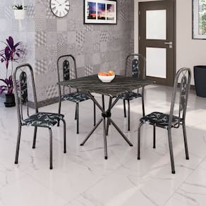 Conjunto de Mesa Tubular 70cm X 70cm Tampo Ardósia Indiano com 4 Cadeiras Lívia Preto / Prata